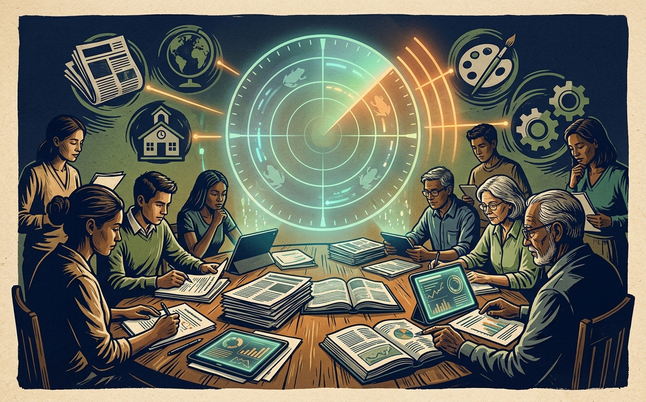 An evidence-led awareness radar hovering above a newsroom and family table, scanning AI signals in work, school, media, creativity and power