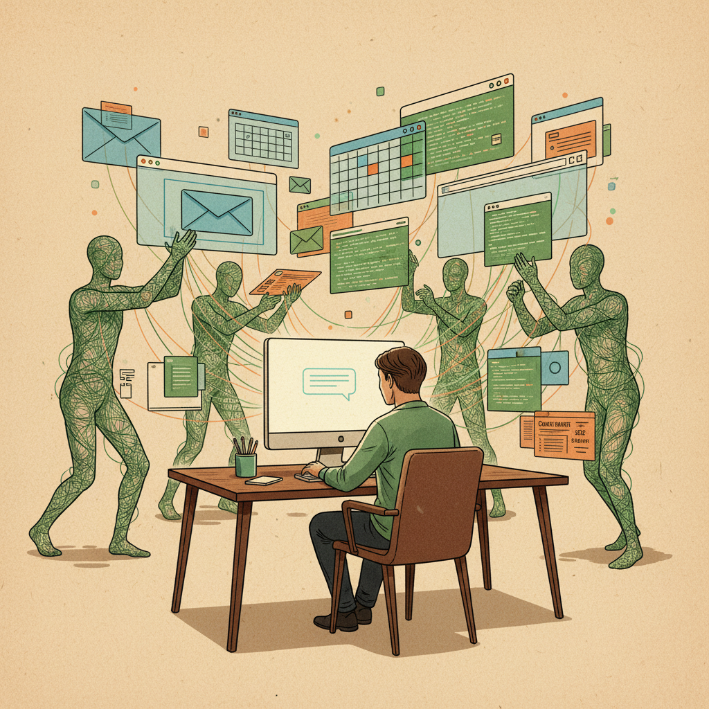 AI agents as invisible digital stagehands moving email, calendar, browser windows and work documents
