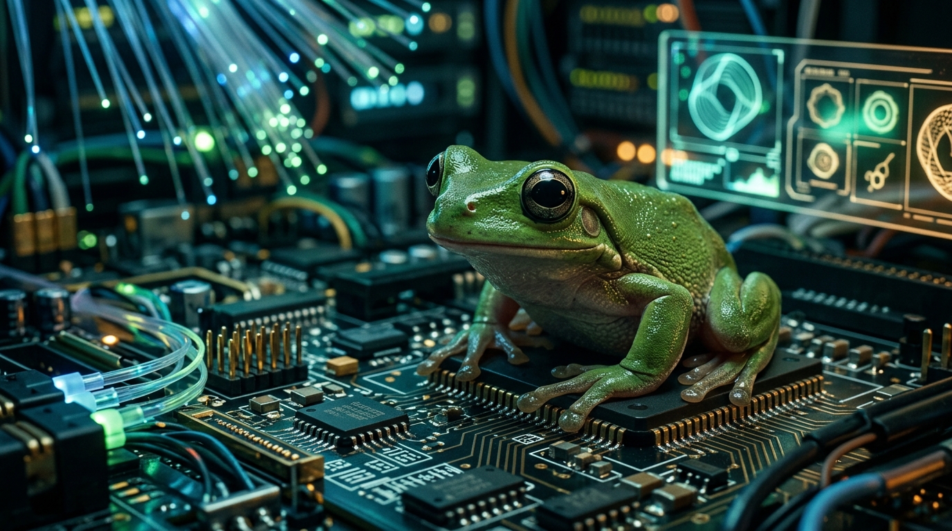 Photorealistic green frog with bulging eyes surrounded by circuit boards, fibre-optic cables and glowing AI technology