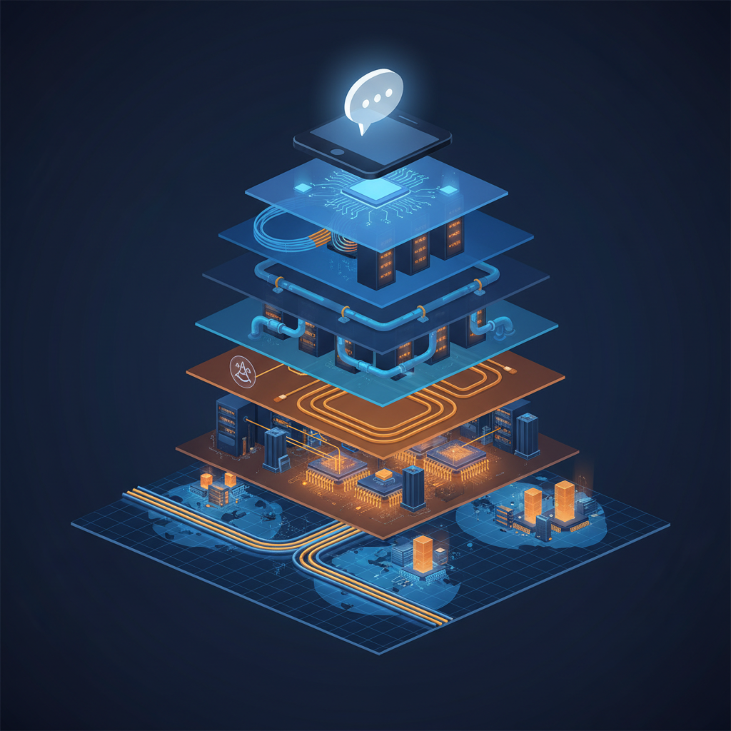 A phone chat bubble connected to data centres, cooling pipes, power lines, chips and undersea cables