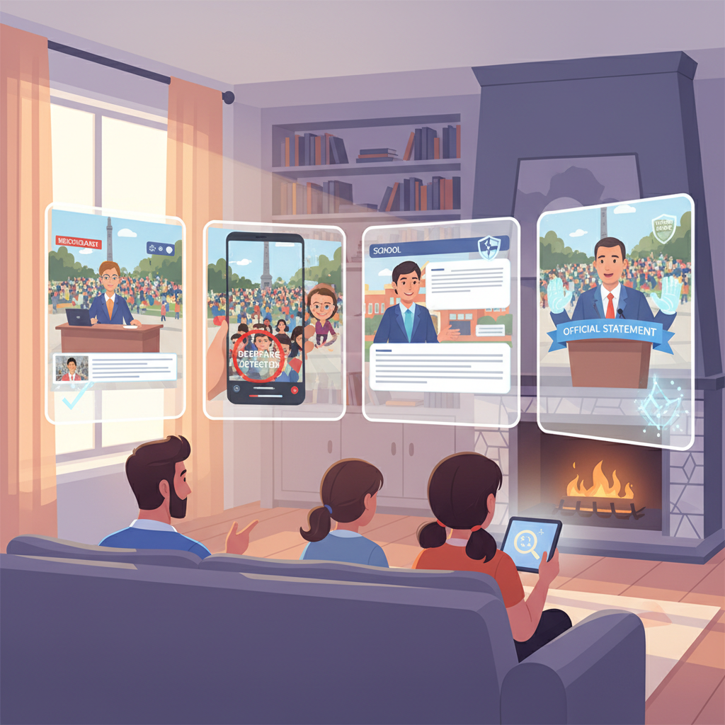 A family facing multiple plausible synthetic media screens showing versions of the same event
