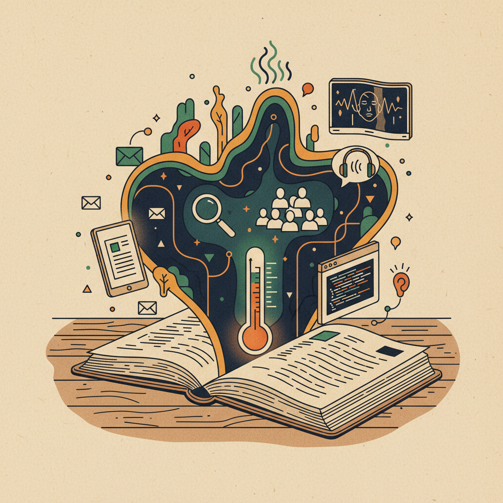 Editorial illustration of an open AI briefing with everyday scenes rising from the pages
