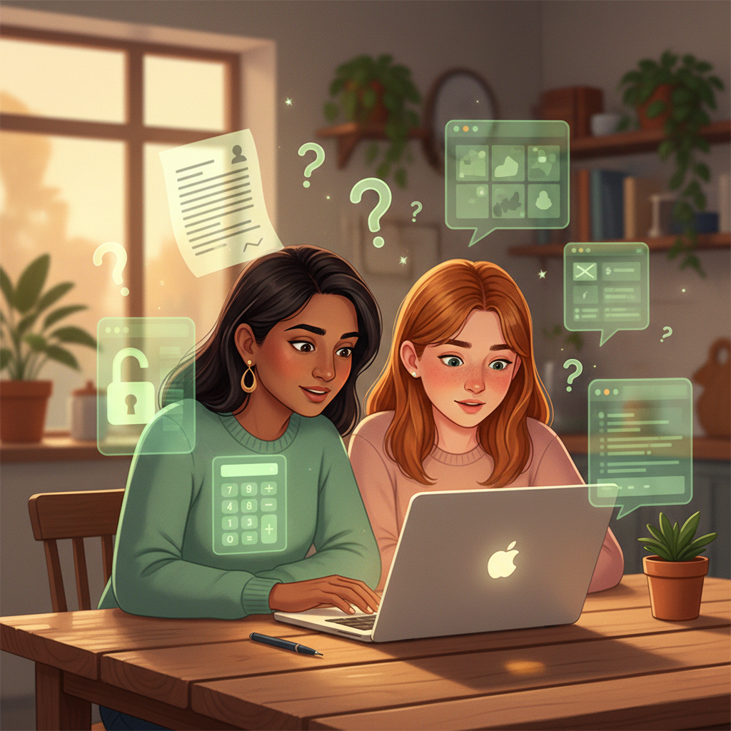 A parent and teenager at a kitchen table learning with AI overlays around a laptop