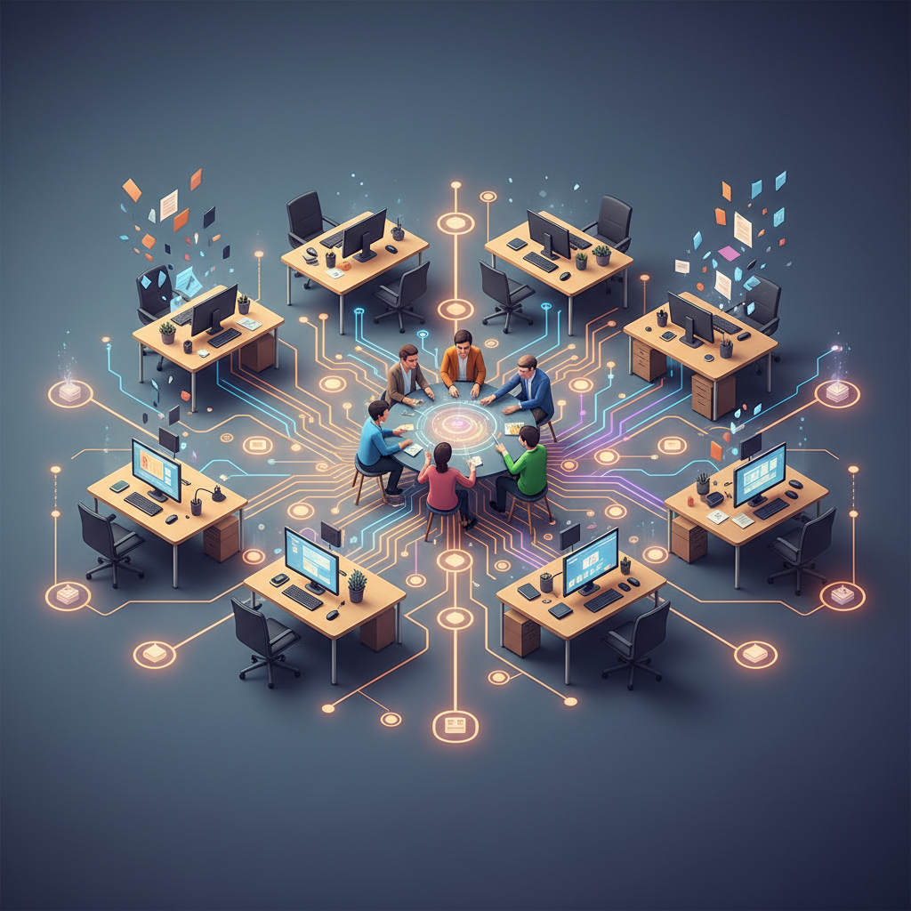 An office floor plan transforming into a glowing AI workflow and circuit map