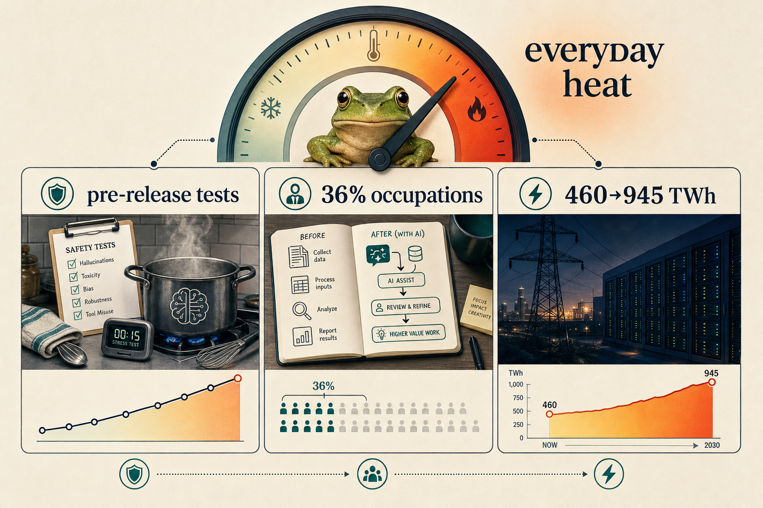 An infographic temperature gauge connecting AI safety testing, workplace task change and data-centre infrastructure to everyday life