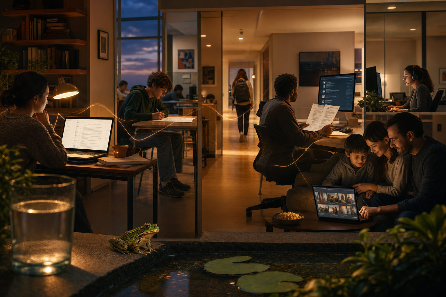 A photorealistic evening cutaway of ordinary rooms where AI quietly appears in inboxes, classrooms, hiring desks, support queues, search and media